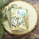 Rustic wood-round styled card of the party chickens with balloons and a clock.