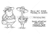 Red rubber stamp sheet with two lanky birds in sun hats and beach outfits, carrying 'Mentally on vacation' and 'Barely afloat but still lookin' FABULOUS.'