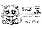 Black and white stamp sheet: a fluffy grumpy cat in star sunglasses and a striped tee, plus a small star and the sentiments 'Baby, you're a firework,' 'Oh my stars and stripes,' 'Current mood: PATRIOTIC' and 'meowica.'