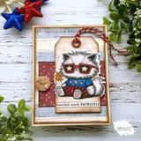 Rustic kraft tag card with the patriotic cat stamped and colored, tied with red and white twine and finished with the 'Current mood: PATRIOTIC' sentiment strip.