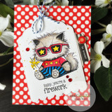 Red polka dot card with a white scalloped tag; the fluffy cat in red glasses sits above 'Baby, you're a firework,' finished with red enamel dots and blue twine.