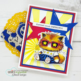 Bold card with a yellow sunburst and navy star; the ginger-toned cat in star sunglasses sits under a 'Current mood: PATRIOTIC' banner.