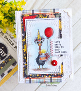 A quirky party-hatted chicken stamped in red rubber and colored on a handmade card reading "Your birthday suit needs ironing."
