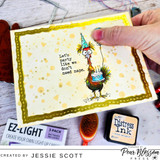 A card project showing a quirky party-hatted chicken, paired with the greeting "You're still younger than you'll be next year."