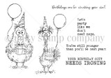 Red rubber stamp sheet with two chickens in party hats holding balloons and a gift, carrying 'Let's party like we don't need naps.' and 'YOUR BIRTHDAY SUIT NEEDS IRONING'.