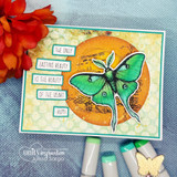 Mixed-media card of a green luna moth over an orange sun circle with "The only lasting beauty is the beauty of the heart."