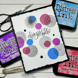 Card scattered with stamped circle motifs - spirals, rays, dots and grids - in blue, purple and pink with 'oh hey, hi, hello!'