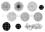 Red rubber stamp sheet: eight different hand-drawn circle designs and the script sentiment 'oh hey, hi, hello!'