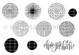 Red rubber stamp sheet of nine circle textures, solid, ringed, radiating, dotted, striped and arched, sized for layering, beside a brush script sentiment reading 'oh hey,hi,hello'.