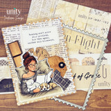 Layered card using Moonborn Flight papers in soft tan and cream with vintage script and a figure.