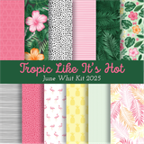 Tropic Like It's Hot 6x6 paper pack, monkey leaves, hibiscus, flamingos and pineapples in hot pink, jungle green and yellow.