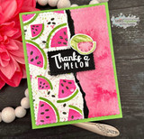 Card made with the Slices of Summer stencils, layered watermelon slices in pink and green over a splattered pink panel with a black thanks a melon label.