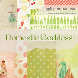 Domestic Goddess 6x6 paper pack — a retro 1950s kitchen theme with vintage women, wine bottles, cherries, lemons and polka dots in soft green, pink and red.