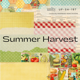Summer Harvest paper pack cover: garden 6x6 sheets in aqua hexagons, red and white gingham, yellow ledger grid and green dots, with vintage seed-packet vegetable art behind the title.