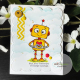 White scalloped card with the robot colored yellow and orange, 'May your batteries recharge quickly' beneath him.