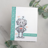 Simple mint-and-white card with the grey robot and a small 'Heart mode: activated' strip.