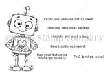 Red rubber stamp sheet: a small round-headed robot with a heart on his chest, plus sentiments including 'I compute you need a hug', 'Sending emotional backup' and 'Feel better soon'.