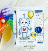 Card with the robot holding balloons, 'alert: you're amazing. celebrate accordingly!'