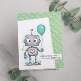 Clean card with the gray robot and teal balloon, 'bleep bloop bleep... it's your birthday!'