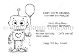 Red rubber stamp sheet with a friendly boxy robot holding a balloon, a heart on its chest panel, plus birthday sentiments reading 'Let's party', 'Happy YOU day, human' and 'Bleep bloop bleep...It's your birthday'.
