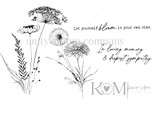 Meadow of Memory red rubber stamp sheet: delicate dandelions and wildflowers with 'Let yourself bloom in your own time' and 'in loving memory & deepest sympathy.'