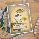 Arched card with red and yellow wildflowers and 'cherish - to keep or cultivate with care and affection.'