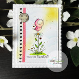 Soft card with the blue bird on a daisy over a yellow wash and 'You're the tweetest!'
