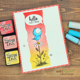 Card with the blue bird on a daisy over a red panel and a 'hello tweet friend' banner.