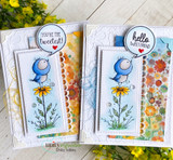 Two cards with the blue bird on a daisy over confetti panels and 'You're the tweetest!' and 'hello tweet friend.'