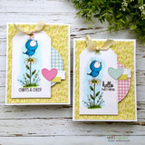 Two cards with the blue bird on a daisy over yellow papers with 'Chirps & cheer' and 'hello tweet friend.'