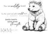 Red rubber KOMpanion stamp sheet with a sitting bear cub wearing a crown of small flowers, beside sentiments reading 'You are wildly loved', 'For the sweet soul with a wild heart' and 'Gentle hearts carry great strength'.