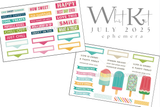 Two Here's the Scoop ephemera sheets in hot pink, aqua and lime - popsicle illustrations with short summer word strips including one sweet summer, cool treats, popsicle kisses, chill out, just chill and what a treat, beside the July 2025 Whit Kit label.
