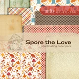 The Spore the Love coordinating paper pack fanned out - smiling red toadstools, tumbling autumn leaves, red dots, plaid, weathered woodgrain and aged text sheets, with the mushroom title label in front.