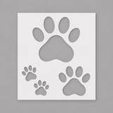 Product photo of the Jagged Paw Print stencil from Unity Stamp Co — a reusable laser-cut mylar stencil with four paw prints in varying sizes cut out.