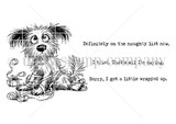 Black-and-white Pawsitively Wrapped Up stamp set by Lisa Arana: a scruffy pup tangled in ribbon, 'Definitely on the naughty list now' and 'I tried. That's all I'm saying.'