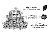Red rubber stamp set with a grumpy fluffy cat scowling in a pile of fall leaves, plus 'Calm down. Fall is just pre-winter,' 'It's fall, y'all. So what,' and 'If I hear sweater weather one more time.'