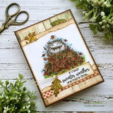Card with the grumpy cat peeking out of a pile of colored autumn leaves on kraft papers, 'If I hear sweater weather one more time.'