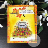 Warm orange card with the leaf-covered grumpy cat under a berry branch, 'Calm down. Fall is just pre-winter.'
