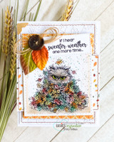 Card with the grumpy cat in fall leaves and a fabric leaf accent, 'If I hear sweater weather one more time.'