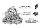 Red rubber stamp set with a grumpy fluffy cat scowling in a pile of fall leaves, plus 'Calm down. Fall is just pre-winter,' 'It's fall, y'all. So what,' and 'If I hear sweater weather one more time.'