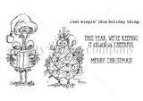 Line-art stamp sheet: two holiday chickens with 'just wingin' this holiday thing / cluckin cheerful / Merry Christmas'.