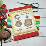 Two frazzled holiday chickens on a red card, 'just wingin' this holiday thing'.