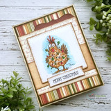 Single decorated chicken on a striped kraft card, 'Merry Christmas!'.