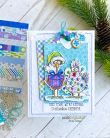 Chicken with gifts on a blue gingham card, 'cluckin cheerful'.