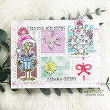 Patchwork-style card with the decorated holiday chickens and bows.