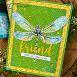 Green card featuring the dragonfly with the word 'friend' and 'Healing takes time'