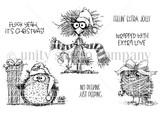 Black-and-white stamp set of scruffy holiday birds with gifts and scarves and sentiments 'Flock yeah, it's Christmas!,' 'Feelin' extra jolly,' 'Wrapped with extra love' and 'No peeking just peeping.'