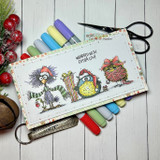 Slimline card with three colorful scruffy birds in scarves and hats, 'Wrapped with extra love.'