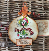 Ornament card with a red-and-white scruffy bird in a scarf, 'Flock yeah, it's Christmas!'