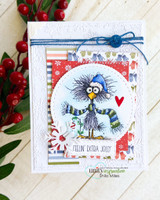 White card with a wild-feathered blue bird, 'Feelin' extra jolly.'